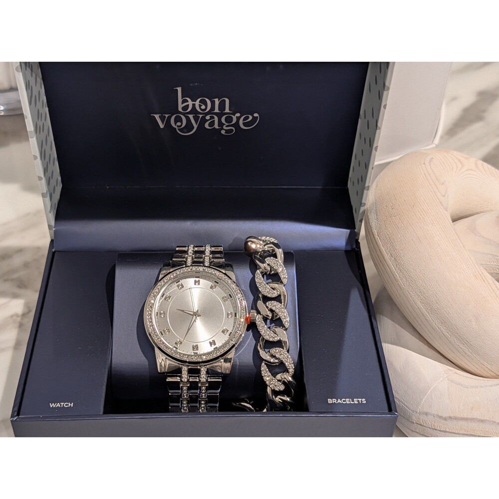 Bon Voyage Silver Glam Watch & Bracelet Set NEW